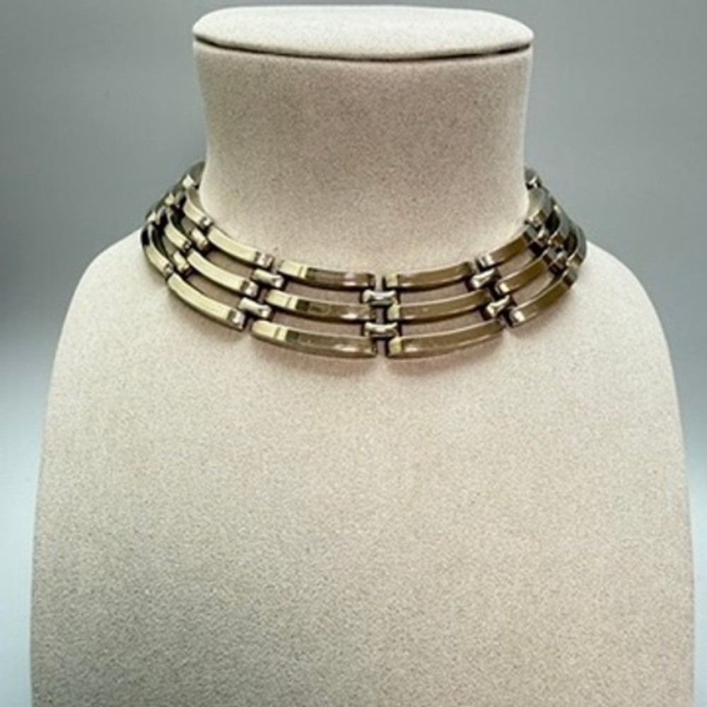 Chunky Silver Tone Triple Row Heavy Link Choker Necklace 14" Moto Statement Chic